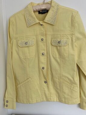 Christine Alexander Pale Yellow Crystal-Embellished Denim Jacket